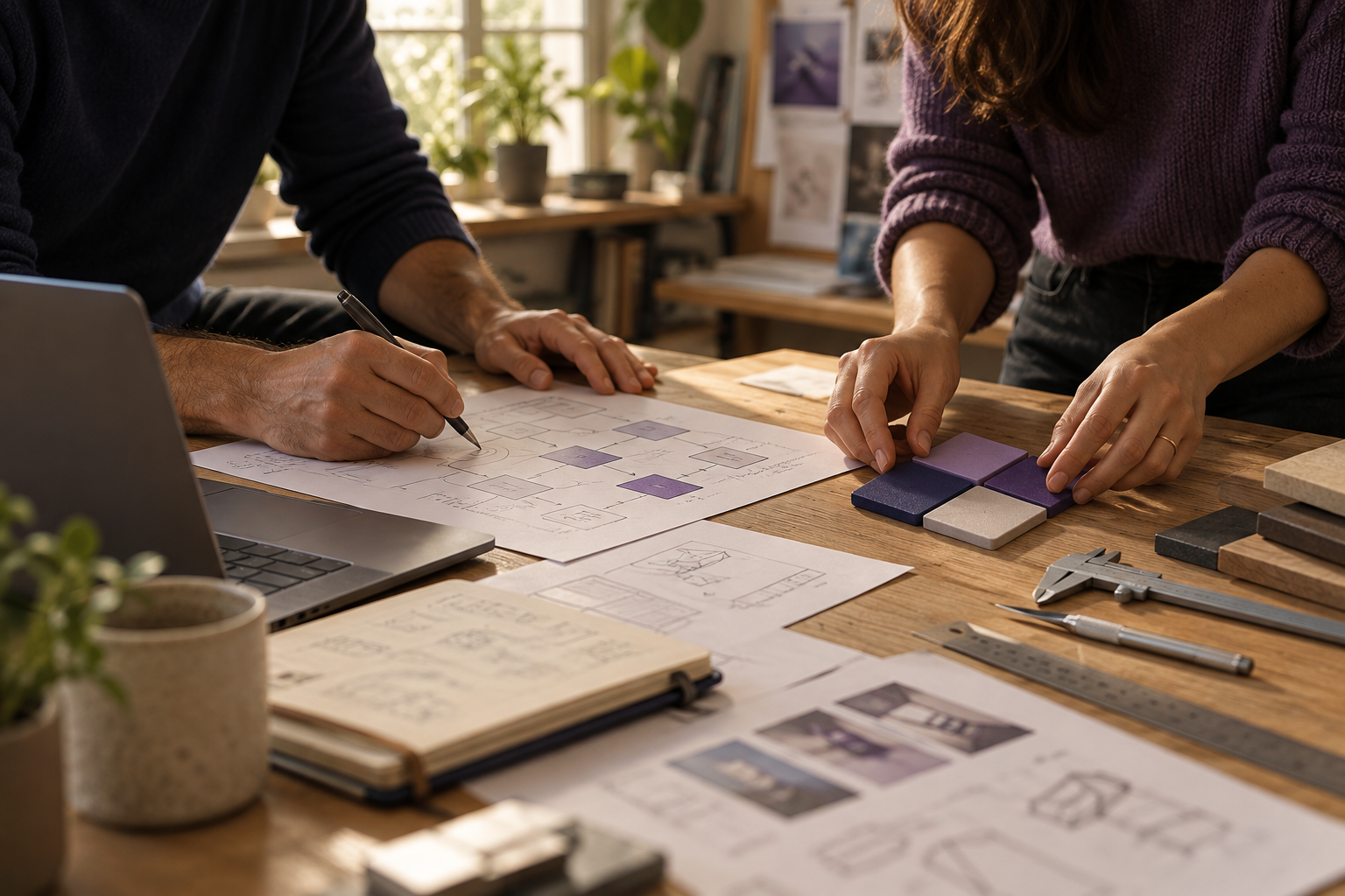 Hands arranging ideas and color samples during an illustrative workflow planning session.